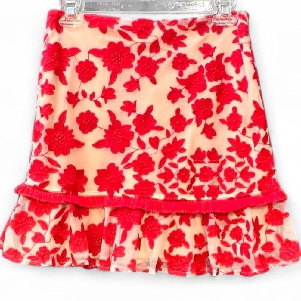 Lovers + Friends Red Floral Embroidered Lace Mini Skirt Fringe &‎ Ruffled Hem